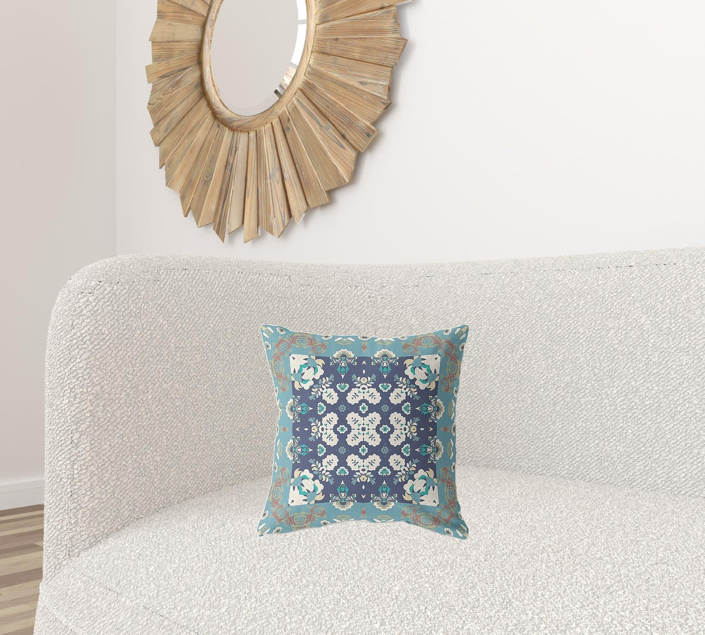 16" X 16" Gray And Blue Floral Blown Seam Suede Throw Pillow
