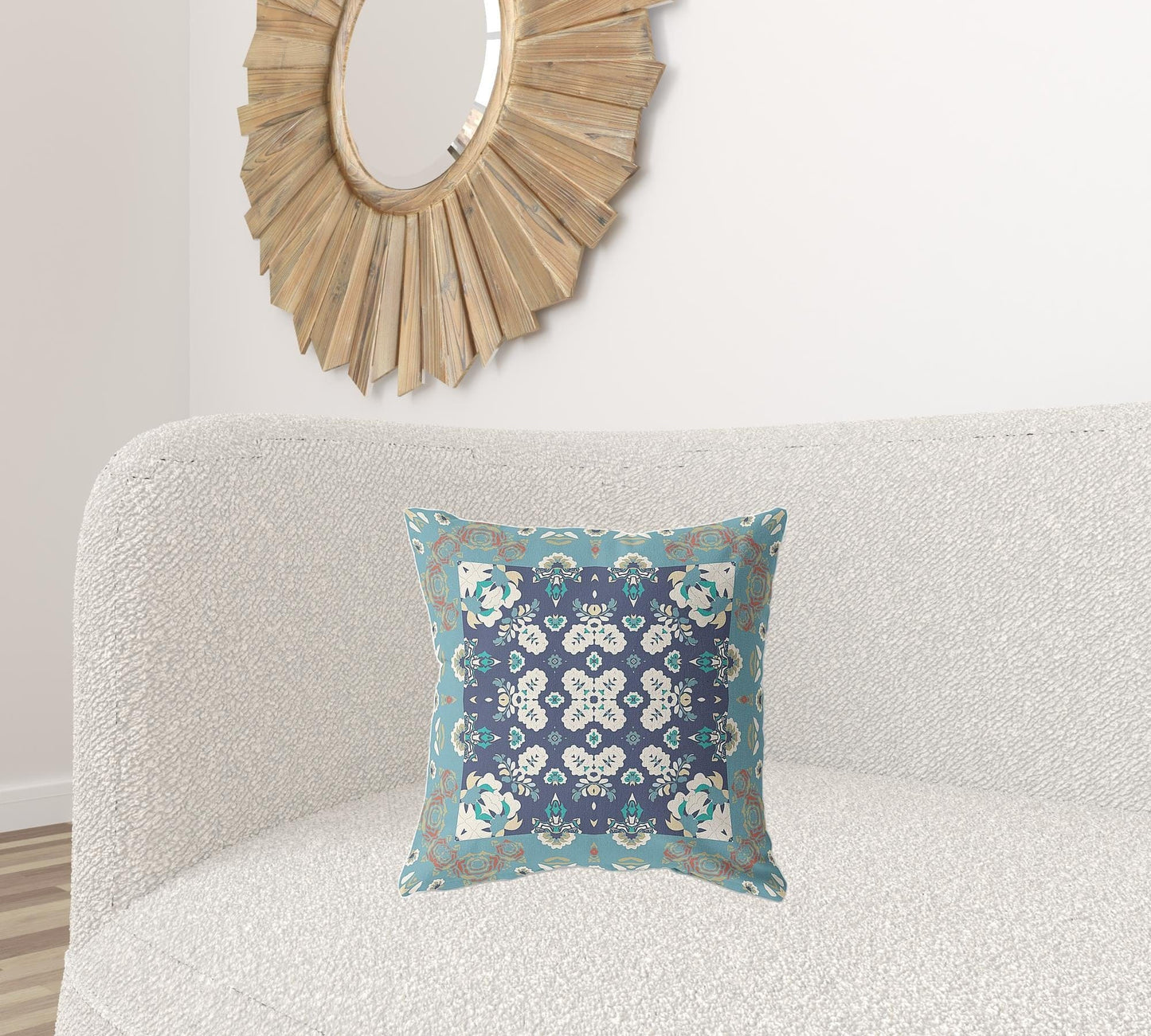 18" X 18" Gray And Blue Floral Blown Seam Suede Throw Pillow