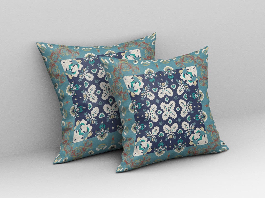 18" X 18" Gray And Blue Floral Blown Seam Suede Throw Pillow