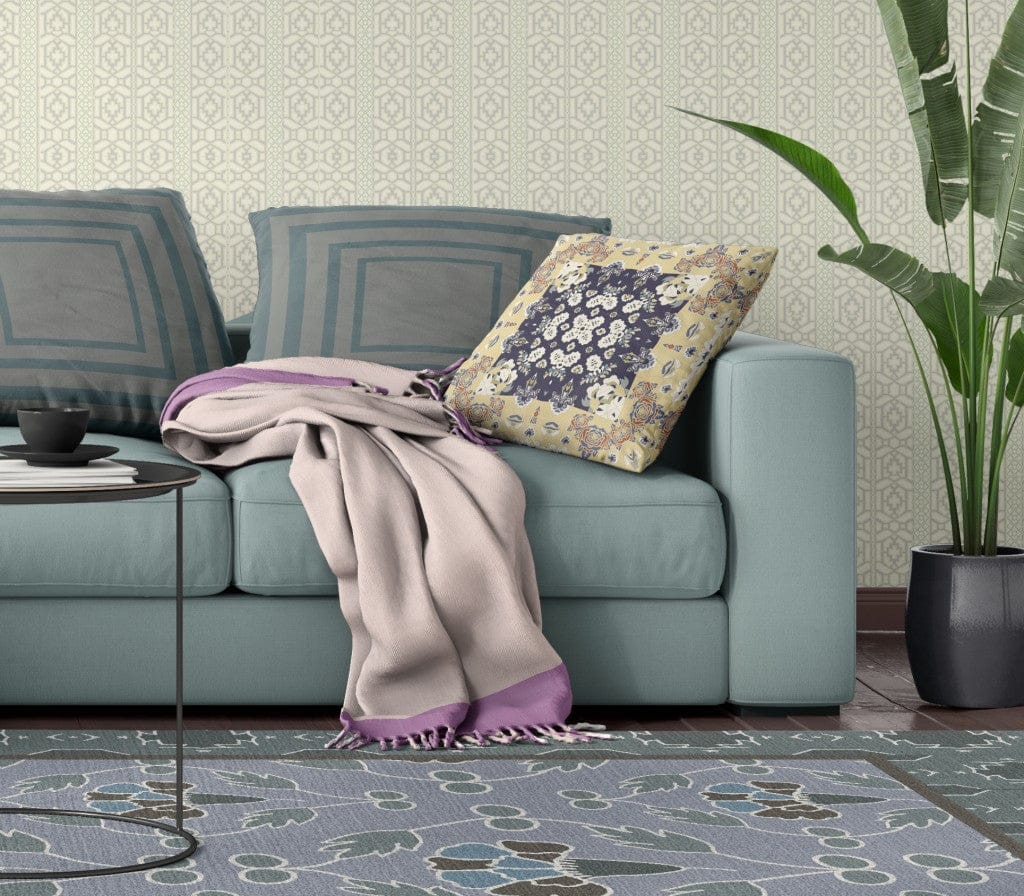 16" X 16" Yellow And Navy Floral Blown Seam Suede Throw Pillow