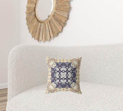 16" X 16" Yellow And Navy Floral Blown Seam Suede Throw Pillow