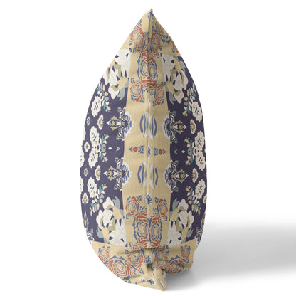 18" X 18" Yellow And Navy Floral Blown Seam Suede Throw Pillow