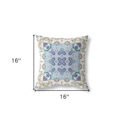 16" X 16" Off White And Blue Floral Blown Seam Suede Throw Pillow