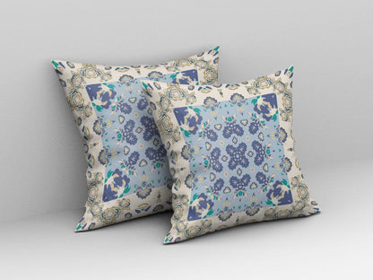 18" X 18" Off White And Blue Floral Blown Seam Suede Throw Pillow