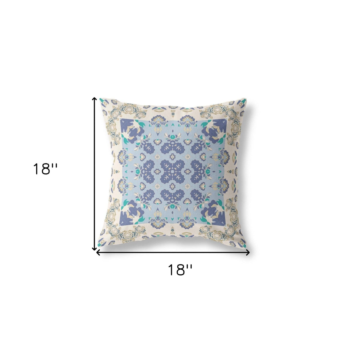 18" X 18" Off White And Blue Floral Blown Seam Suede Throw Pillow