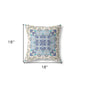 18" X 18" Off White And Blue Floral Blown Seam Suede Throw Pillow