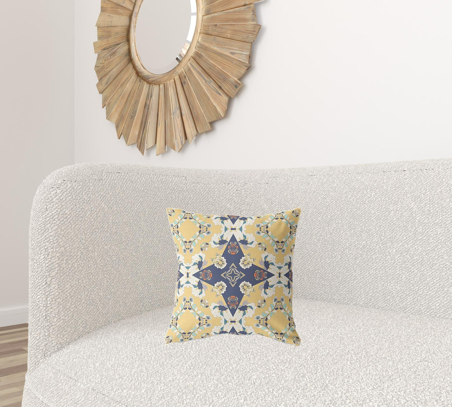 16" X 16" Yellow And Blue Floral Blown Seam Suede Throw Pillow