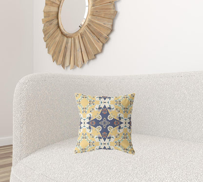 16" X 16" Yellow And Blue Floral Blown Seam Suede Throw Pillow