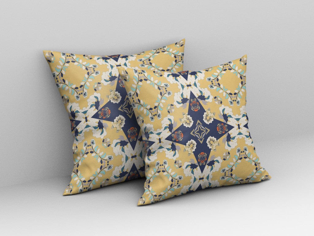 18" X 18" Yellow And Blue Floral Blown Seam Suede Throw Pillow