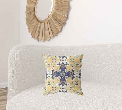 18" X 18" Yellow And Blue Floral Blown Seam Suede Throw Pillow