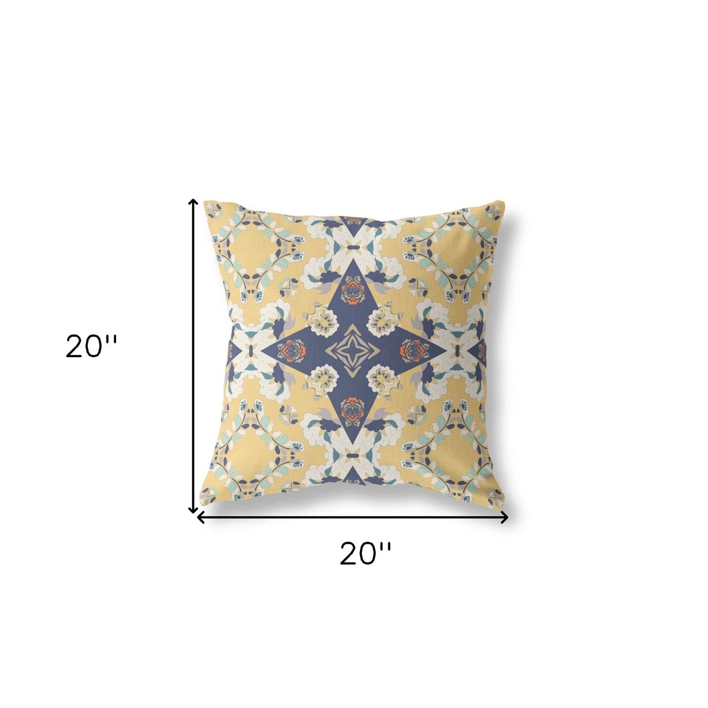 18" X 18" Yellow And Blue Floral Blown Seam Suede Throw Pillow