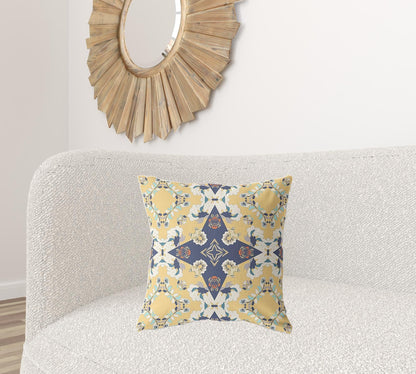 18" X 18" Yellow And Blue Floral Blown Seam Suede Throw Pillow