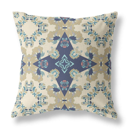 16" X 16" Cream And Blue Floral Blown Seam Suede Throw Pillow