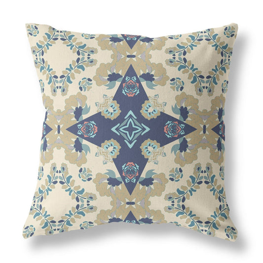16" X 16" Cream And Blue Floral Blown Seam Suede Throw Pillow