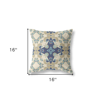 16" X 16" Cream And Blue Floral Blown Seam Suede Throw Pillow