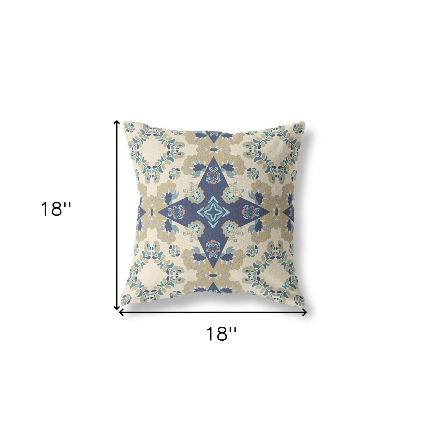 18" X 18" Cream And Blue Floral Blown Seam Suede Throw Pillow