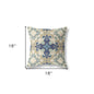 18" X 18" Cream And Blue Floral Blown Seam Suede Throw Pillow