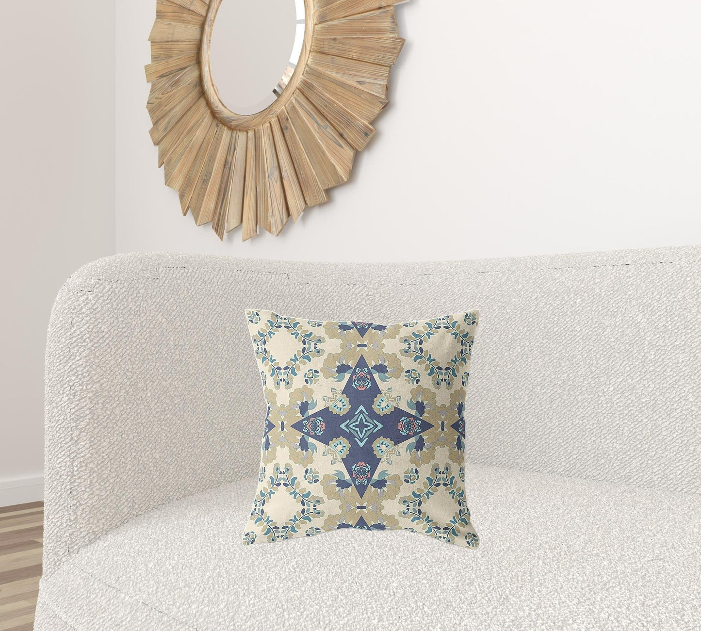 18" X 18" Cream And Blue Floral Blown Seam Suede Throw Pillow