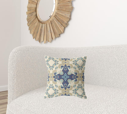 18" X 18" Cream And Blue Floral Blown Seam Suede Throw Pillow