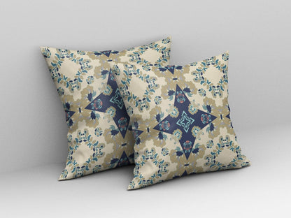 18" X 18" Cream And Blue Floral Blown Seam Suede Throw Pillow