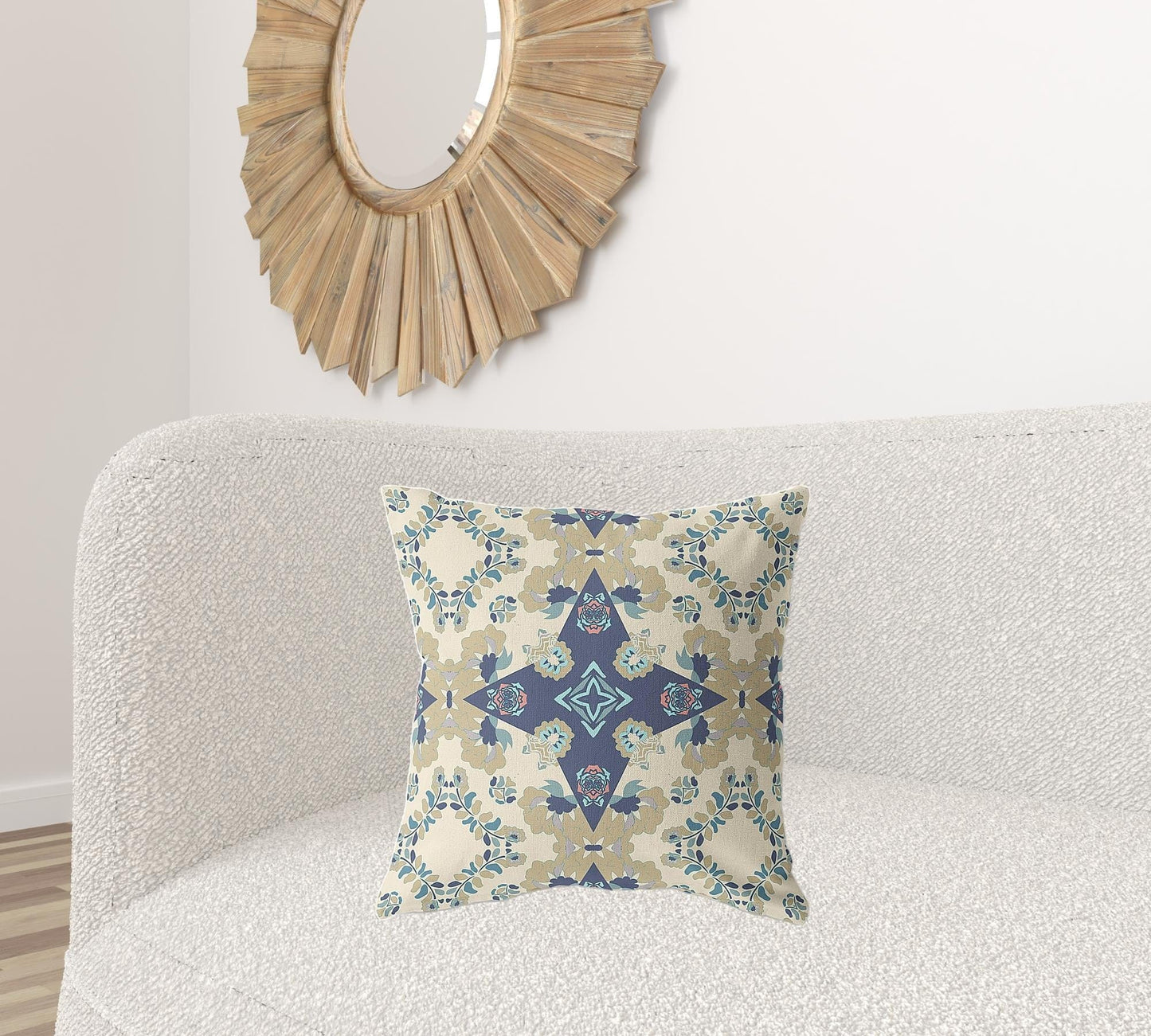 18" X 18" Cream And Blue Floral Blown Seam Suede Throw Pillow