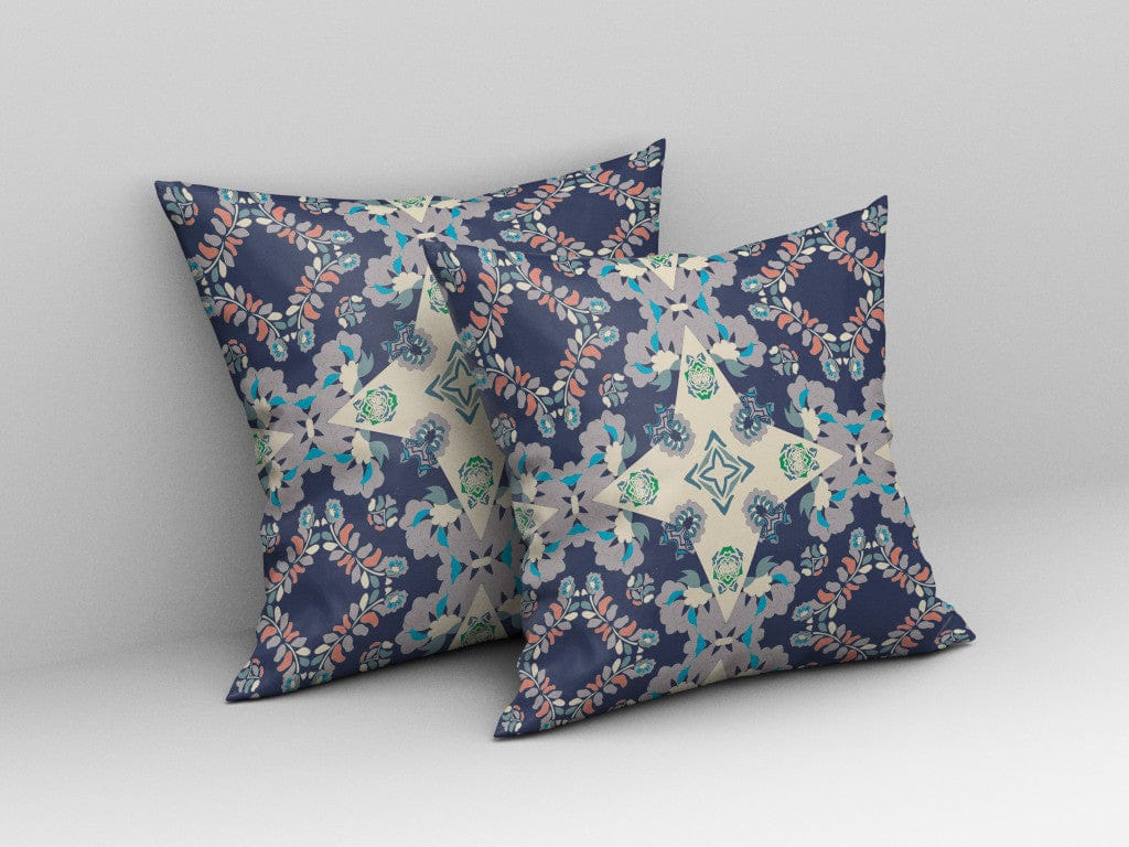 16" X 16" Blue And Off White Floral Blown Seam Suede Throw Pillow