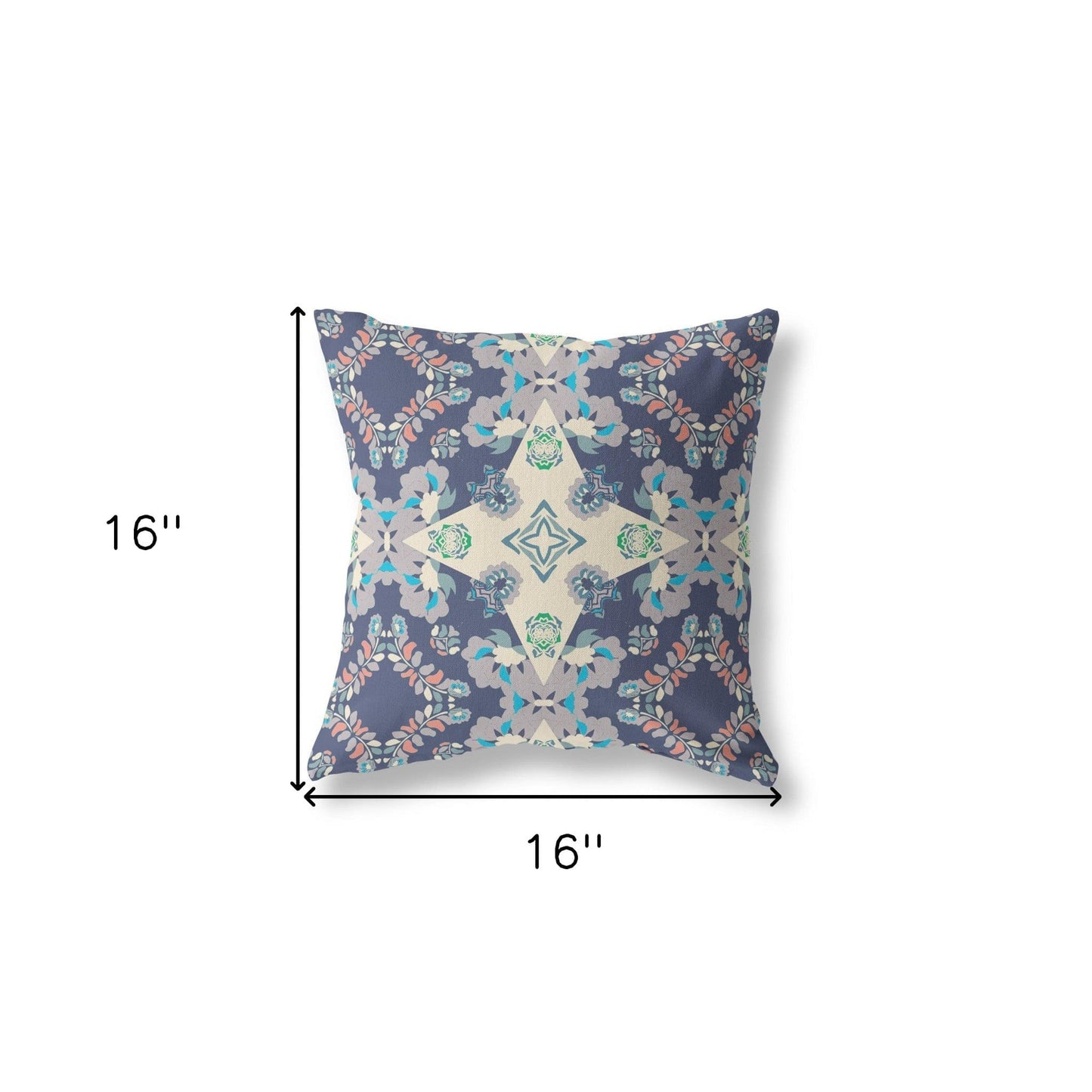 16" X 16" Blue And Off White Floral Blown Seam Suede Throw Pillow