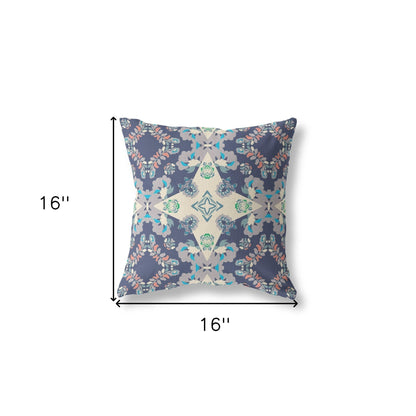 16" X 16" Blue And Off White Floral Blown Seam Suede Throw Pillow