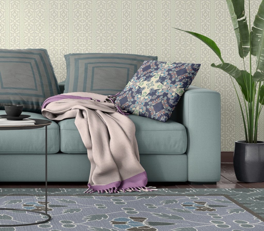 18" X 18" Blue And Off White Floral Blown Seam Suede Throw Pillow