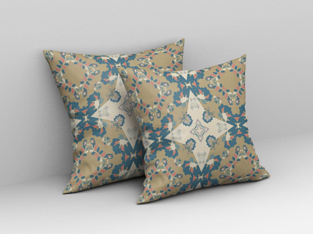 18" X 18" Muted Yellow And Teal Floral Blown Seam Suede Throw Pillow