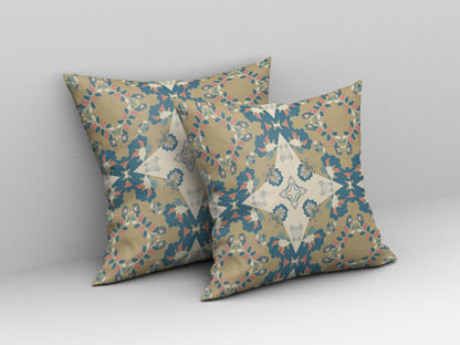 18" X 18" Muted Yellow And Teal Floral Blown Seam Suede Throw Pillow