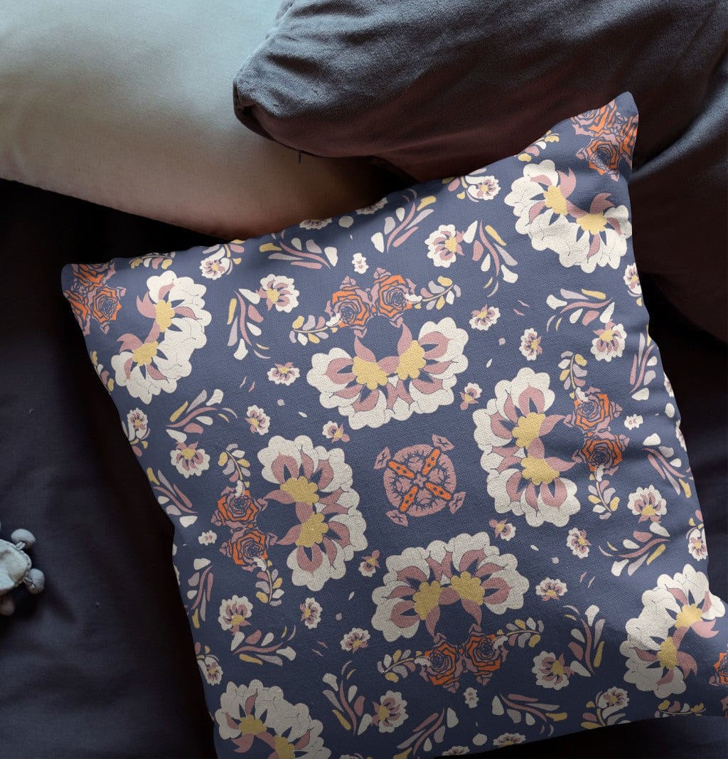 16" X 16" Blue And White Floral Blown Seam Suede Throw Pillow