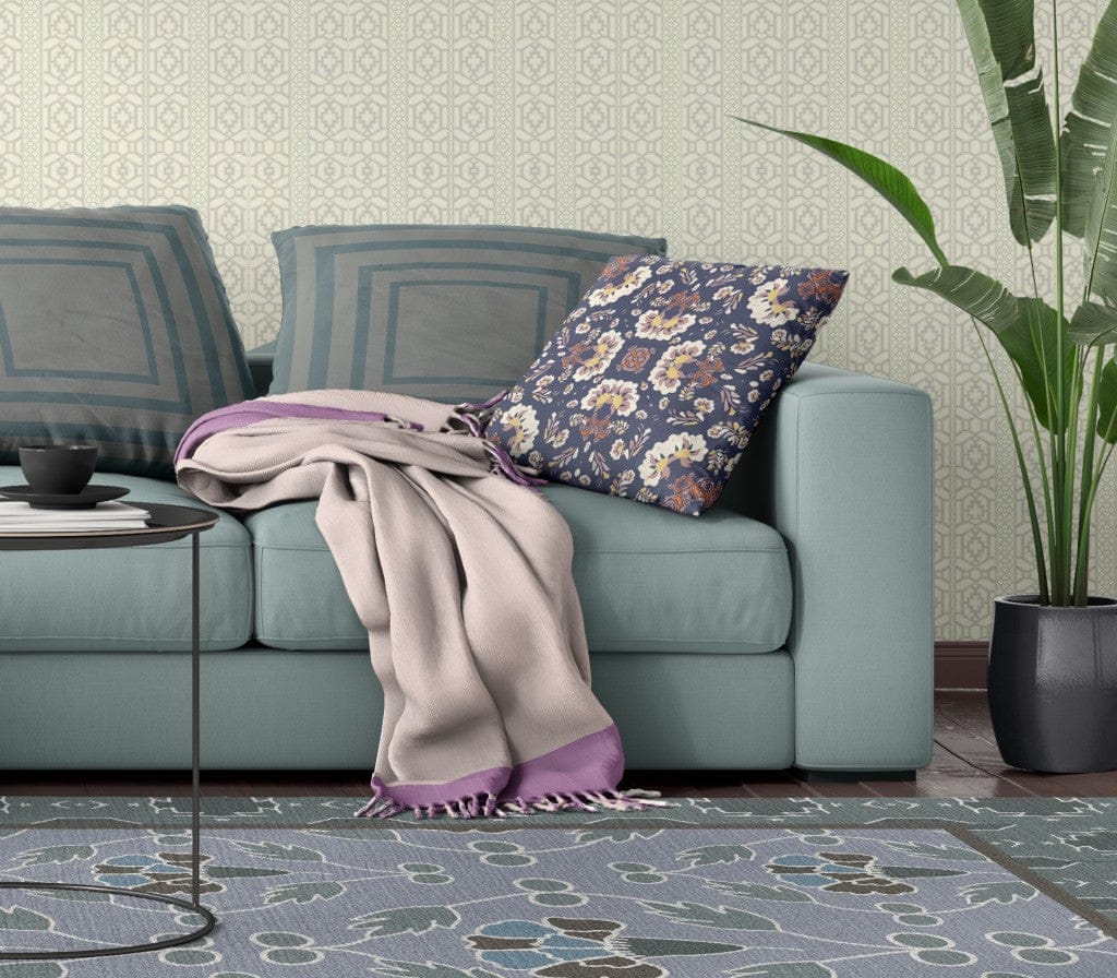 16" X 16" Blue And White Floral Blown Seam Suede Throw Pillow