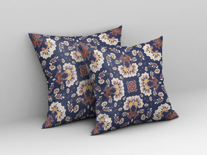 16" X 16" Blue And White Floral Blown Seam Suede Throw Pillow