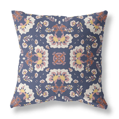 18" X 18" Blue And White Floral Blown Seam Suede Throw Pillow