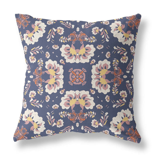 18" X 18" Blue And White Floral Blown Seam Suede Throw Pillow