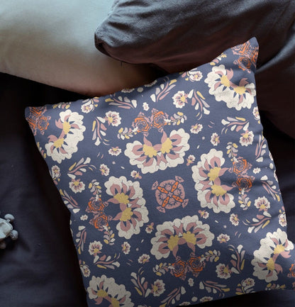 18" X 18" Blue And White Floral Blown Seam Suede Throw Pillow