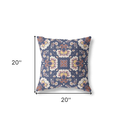 18" X 18" Blue And White Floral Blown Seam Suede Throw Pillow