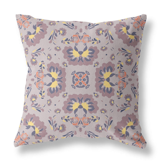 16" X 16" Muted Purple And Yellow Floral Blown Seam Suede Throw Pillow