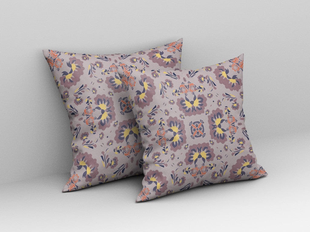 16" X 16" Muted Purple And Yellow Floral Blown Seam Suede Throw Pillow