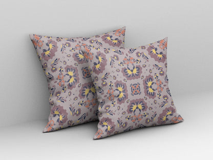 18" X 18" Muted Purple And Yellow Floral Blown Seam Suede Throw Pillow