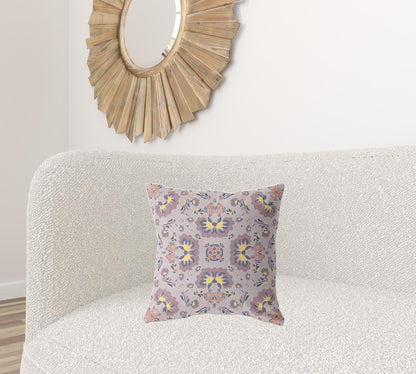 18" X 18" Muted Purple And Yellow Floral Blown Seam Suede Throw Pillow