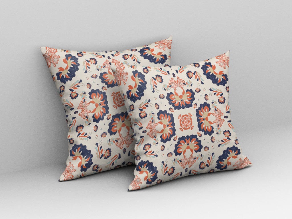 16" X 16" Off White And Blue Floral Blown Seam Suede Throw Pillow