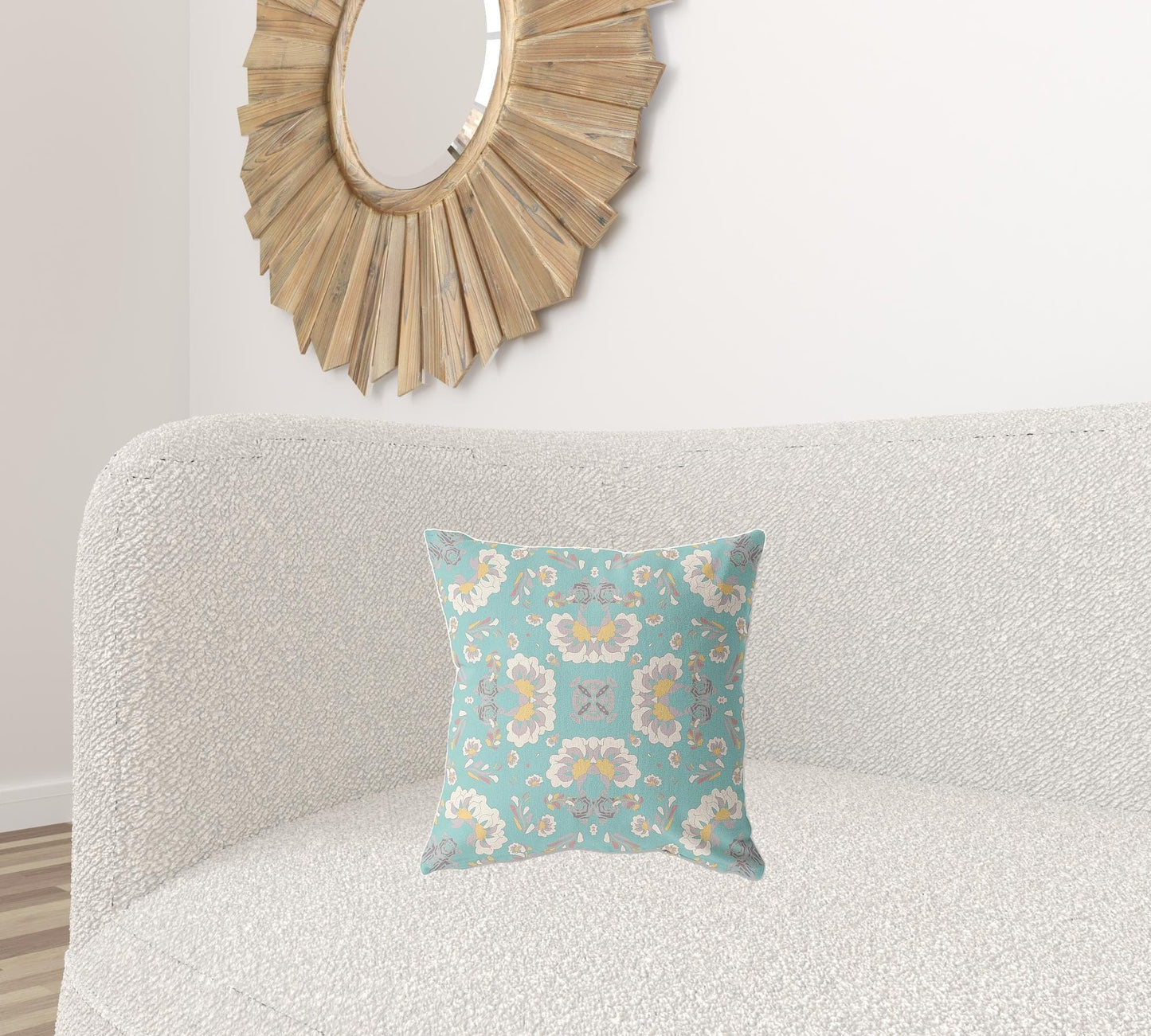 16" X 16" Green And White Floral Blown Seam Suede Throw Pillow