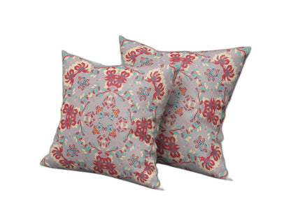 16" X 16" Purple And Red Abstract Blown Seam Suede Throw Pillow