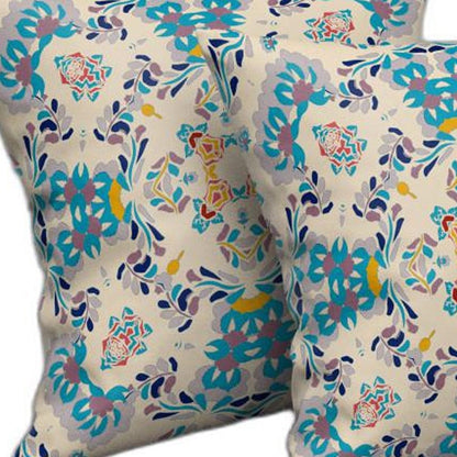 16" X 16" Off White And Blue Abstract Blown Seam Suede Throw Pillow