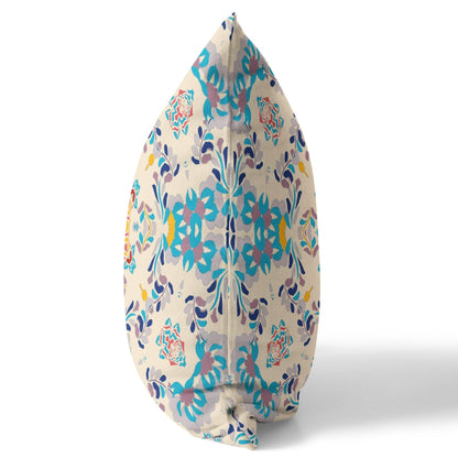 18" X 18" Off White And Blue Abstract Blown Seam Suede Throw Pillow