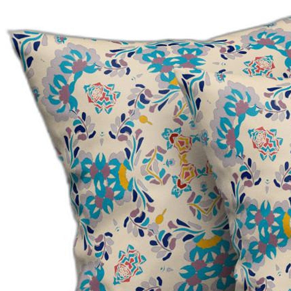 18" X 18" Off White And Blue Abstract Blown Seam Suede Throw Pillow