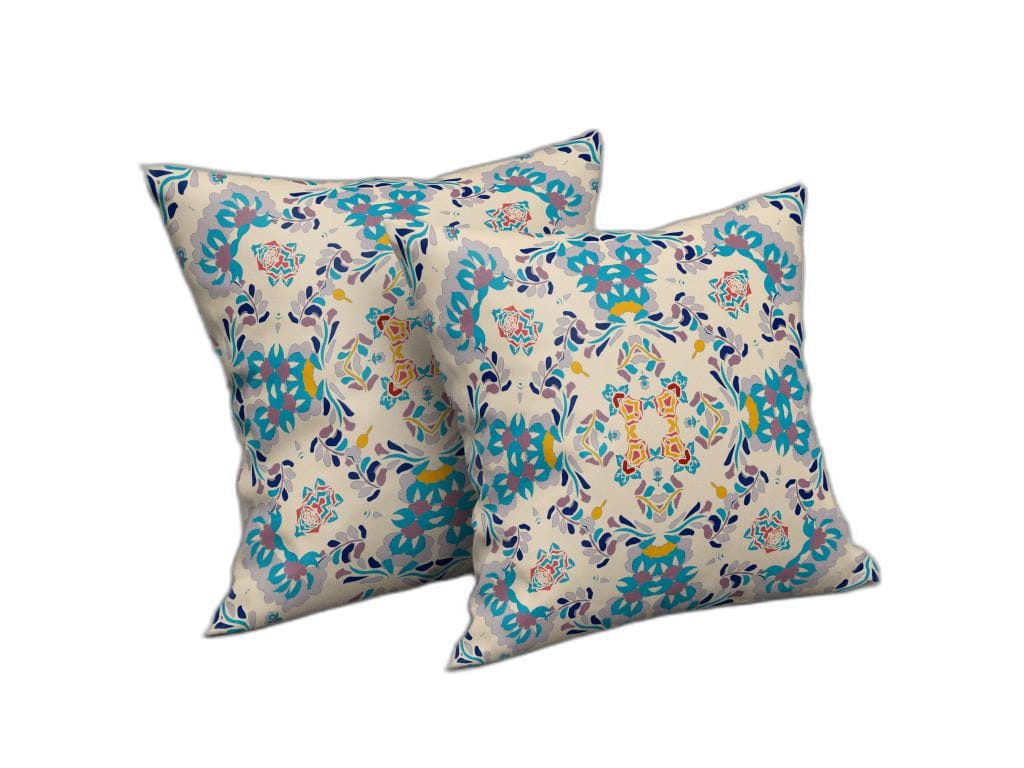 18" X 18" Off White And Blue Abstract Blown Seam Suede Throw Pillow