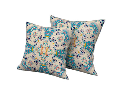 18" X 18" Off White And Blue Abstract Blown Seam Suede Throw Pillow